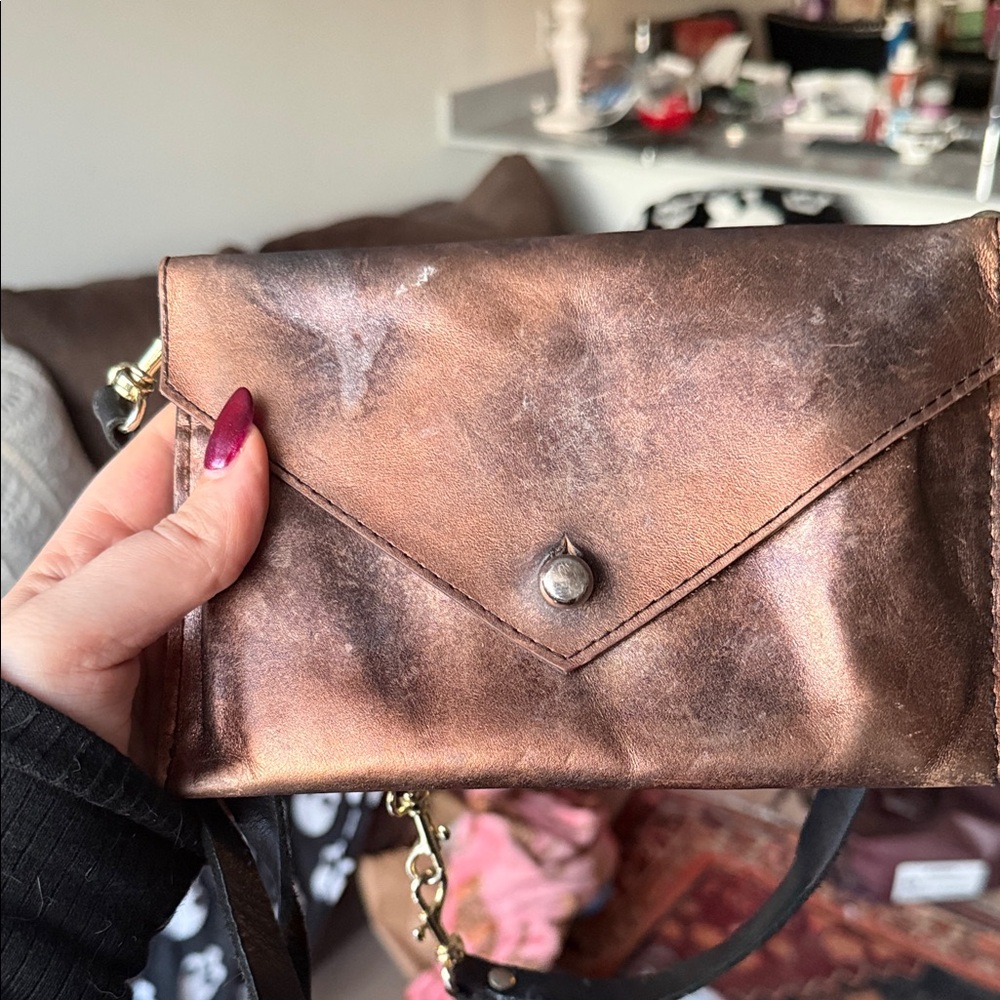 Bronze brown genuine leather crossbody clutch